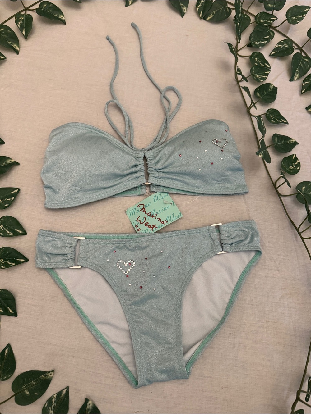 MARINA Shimmery Light Blue Rhinestone Heart Bikini
